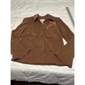Studio I brown faux suede embroidered button-up shirt Women’s Size 10